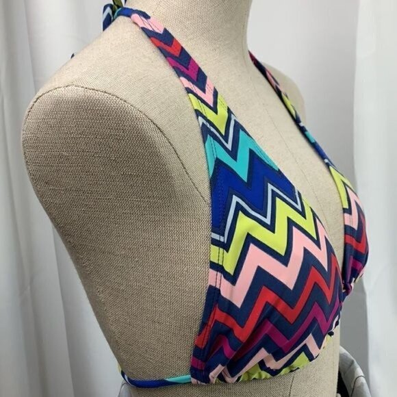 Old Navy Triangle String Bikini Top Blue Yellow Pink Zig Zag Aztec Sz Medium - Picture 2 of 7
